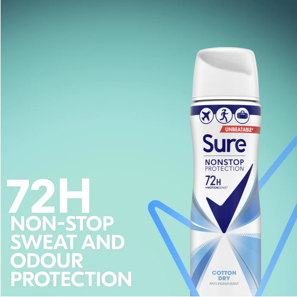 Sure Nonstop Protection 72h Cotton Dry Anti-Perspirant Deodorant Spray 75ml - Image 3