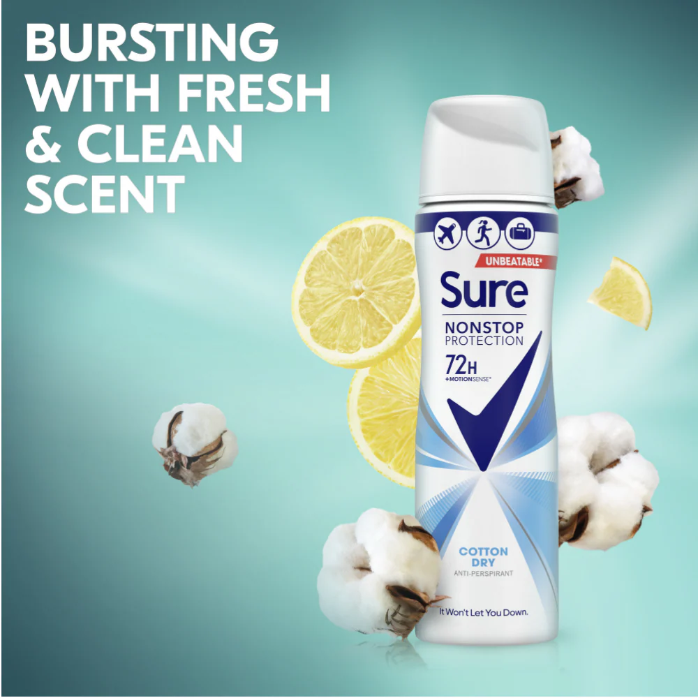 Sure Nonstop Protection 72h Cotton Dry Anti-Perspirant Deodorant Spray 75ml - Image 5