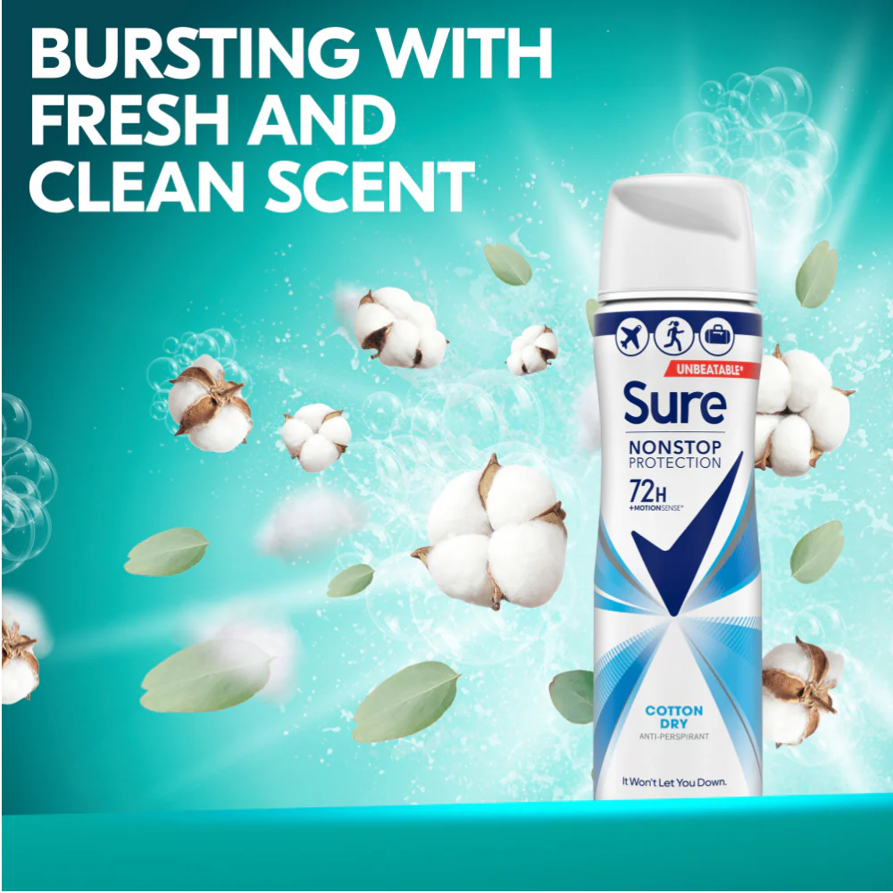 Sure Nonstop Protection 72h Cotton Dry Anti-Perspirant Deodorant Spray 75ml - Image 8