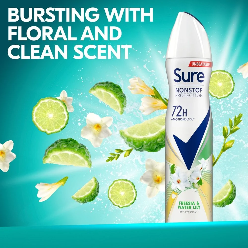 Sure Nonstop Protection 72h Freesia & Water Lily Anti-Perspirant Deodorant Spray 250ml - Image 4
