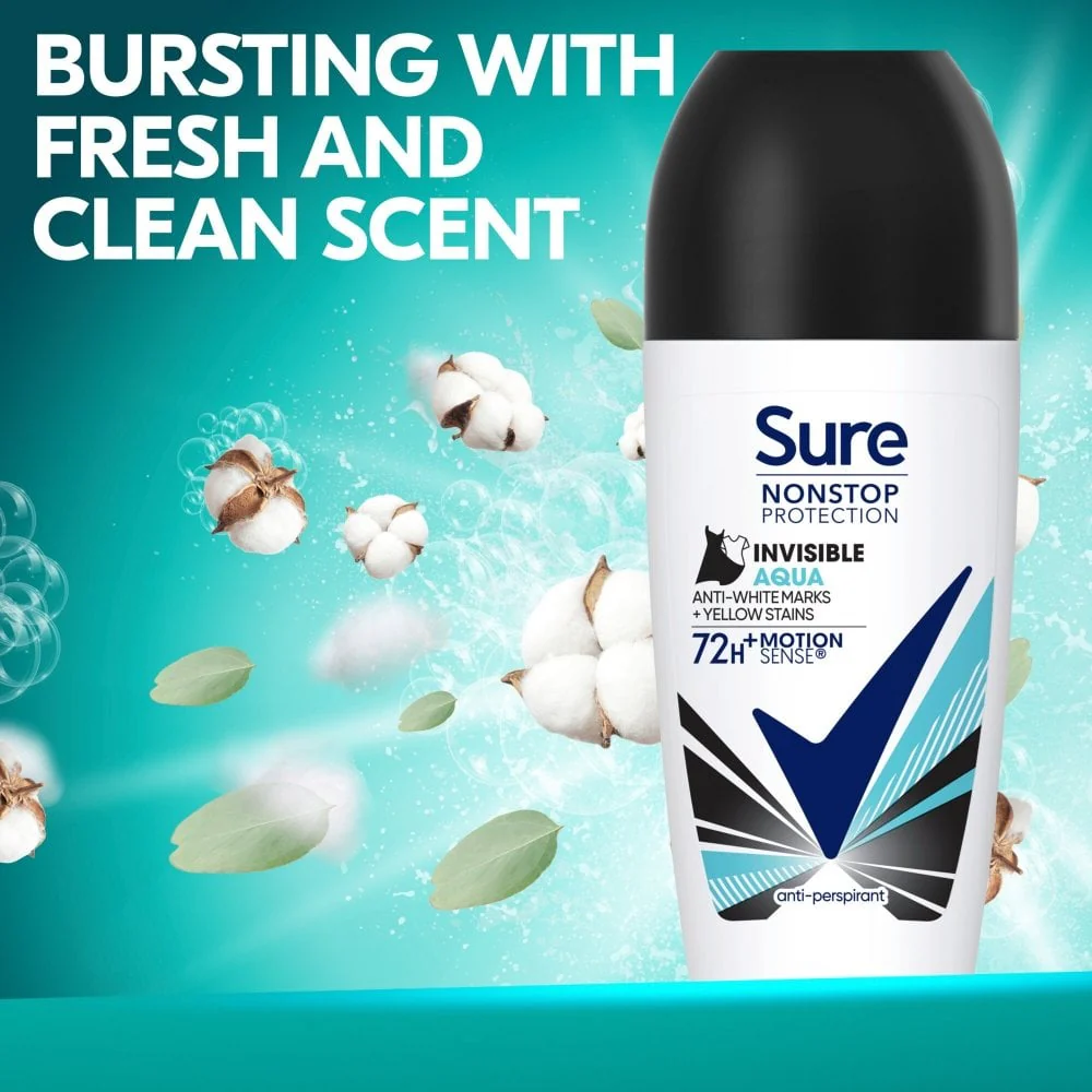 Sure Nonstop Protection 72h Invisible Aqua Anti-Perspirant Deodorant Roll-On 50ml - Image 5