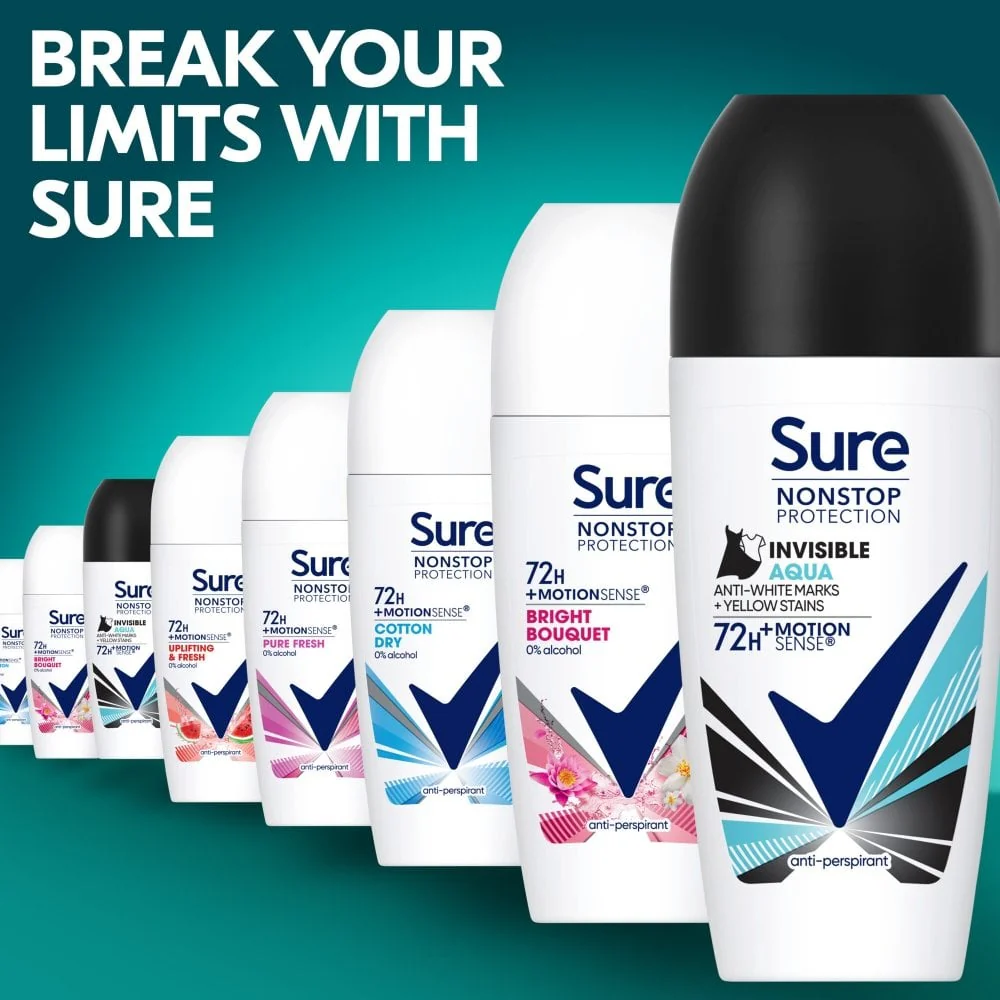 Sure Nonstop Protection 72h Invisible Aqua Anti-Perspirant Deodorant Roll-On 50ml - Image 6