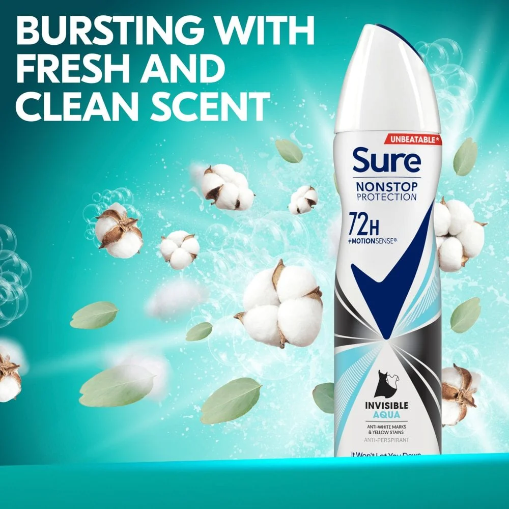 Sure Nonstop Protection 72h Invisible Aqua Anti-Perspirant Deodorant Spray 250ml - Image 4