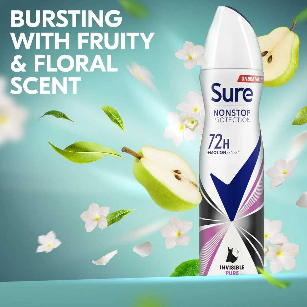 Sure Nonstop Protection 72h Invisible Pure Anti-Perspirant Deodorant Spray 250ml - Image 4