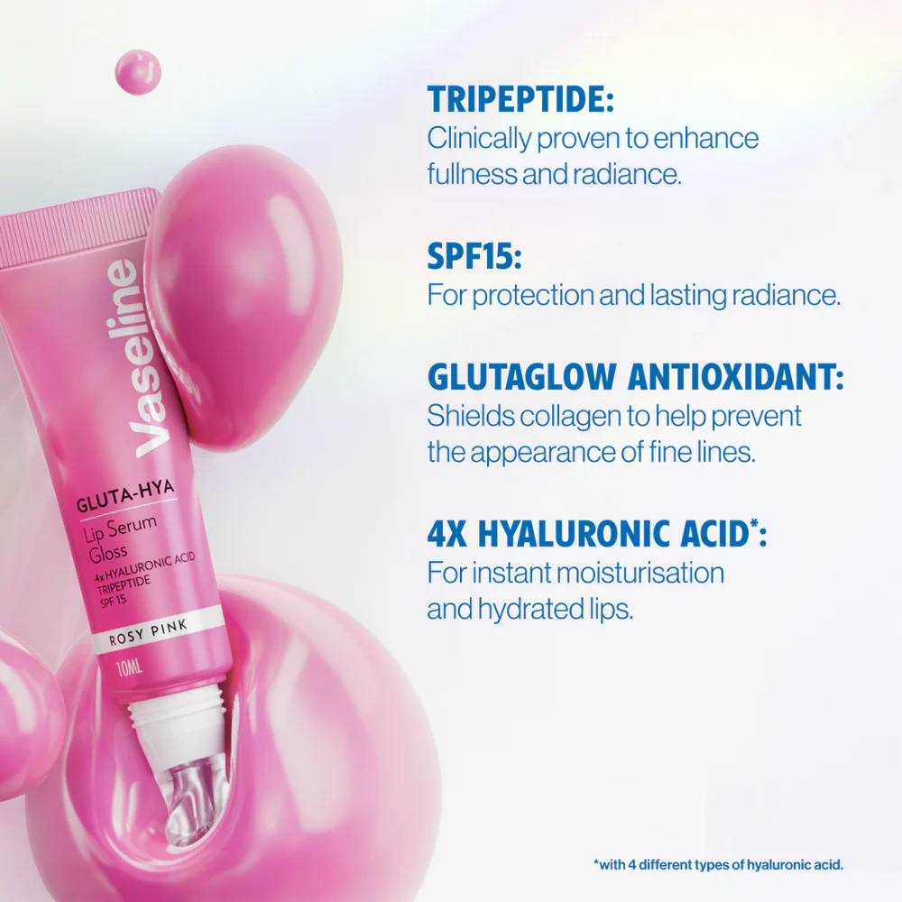 Vaseline Gluta-Hya Lip Serum Gloss Rosy Pink 10ml - Image 2