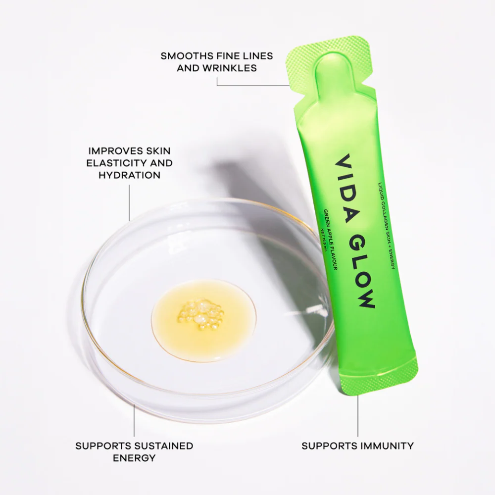 Vida Glow Liquid Collagen Skin + Energy Supplement Green Apple Sachets x15 - Image 3