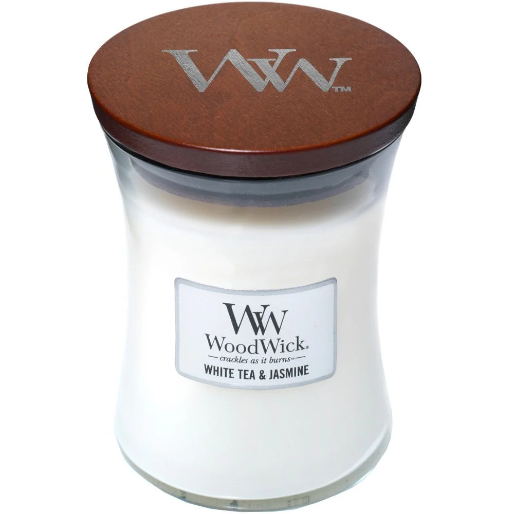 WoodWick White Tea & Jasmine Medium Hourglass Jar Candle - Image 2